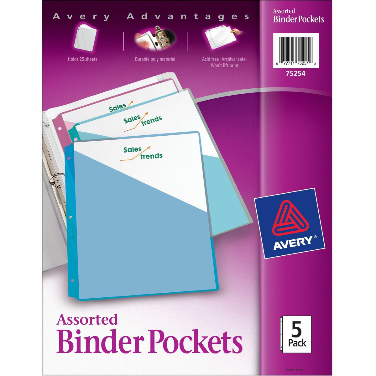 Avery® Durable Letter Vinyl File Pocket - 8 1/2" x 11" - 20 Sheets Capacity - 3 Pocket - Polypropylene - Assorted - 5 / 