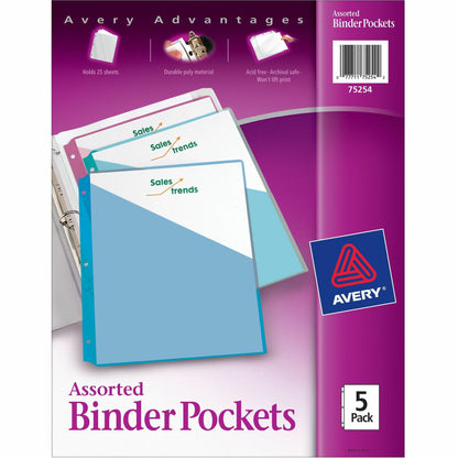 Avery® Durable Letter Vinyl File Pocket - 8 1/2" x 11" - 20 Sheets Capacity - 3 Pocket - Polypropylene - Assorted - 5 / 