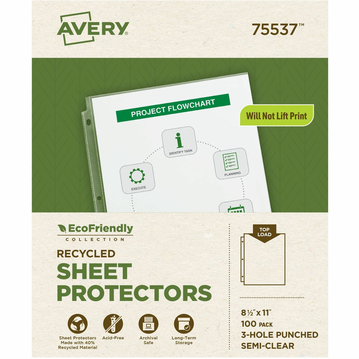 Avery® EcoFriendly Economy Sheet Protectors, 100ct (75537) - For Letter 8 1/2" x 11" Sheet - 3 x Holes - Ring Binder - T