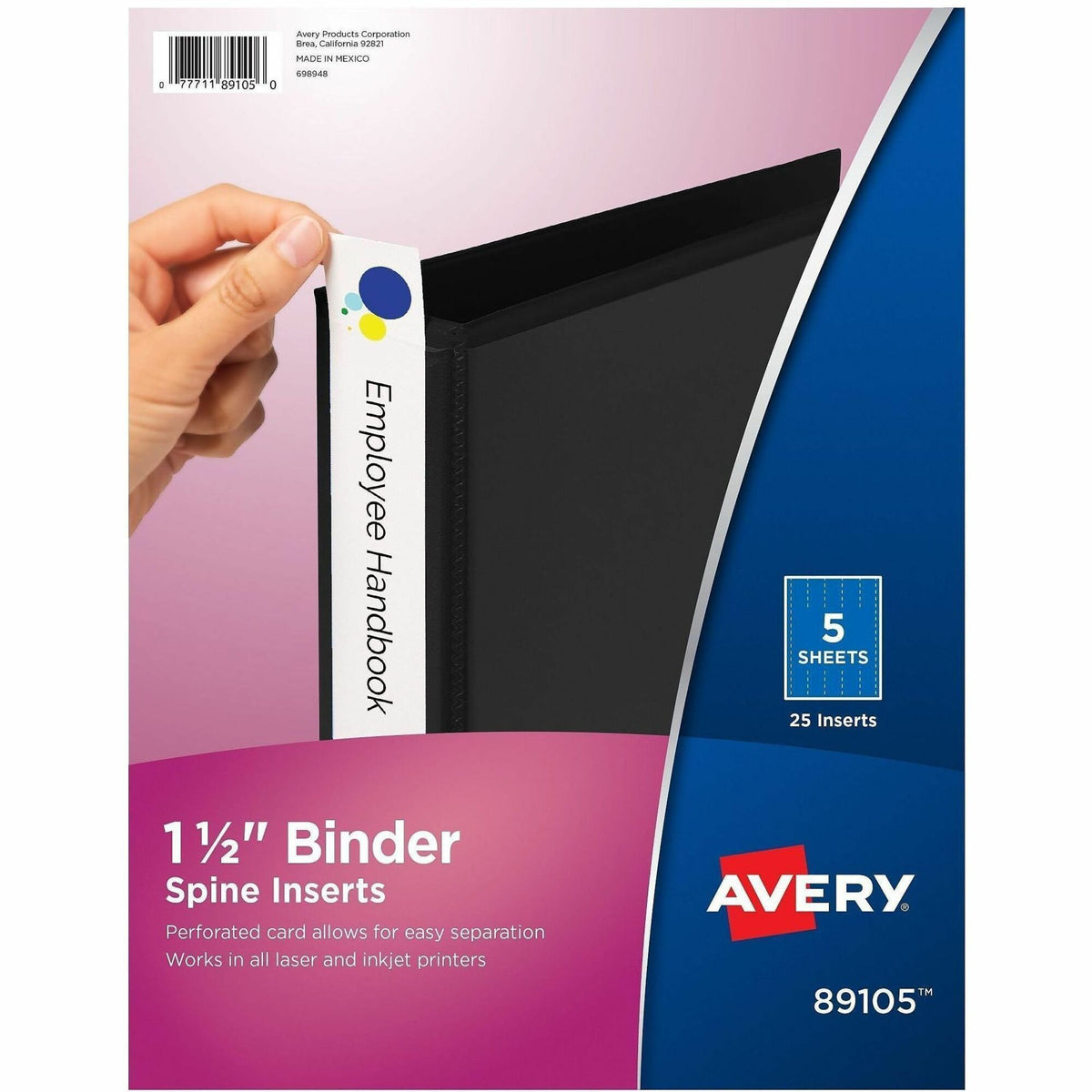 Avery® Binder Spine Inserts, 1-1/2 Inch Binders, 25 Inserts (89105) - 2.1" Width - 25 Capacity - For 1 1/2" Sheet - 3 x 