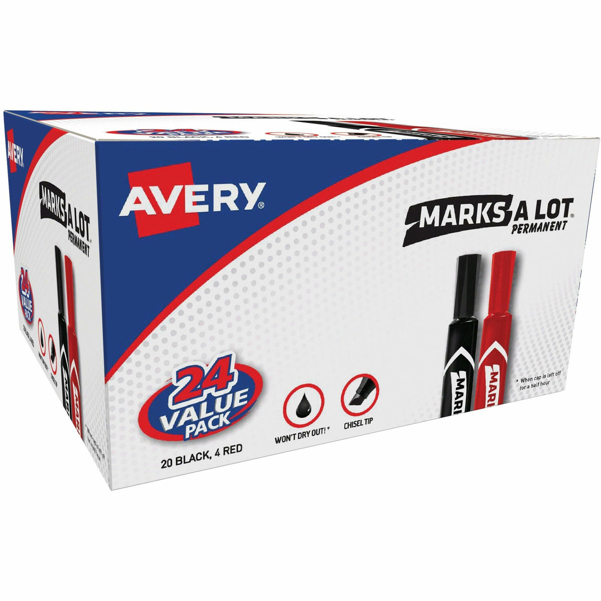 Avery® Marks A Lot Permanent Markers, Regular Desk-Style, 24 Assorted - 0.1875" Chisel Marker Point - Red, Black Ink - 2