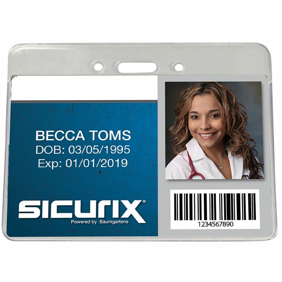 SICURIX Badge Holder - Support 3.50" x 2.37" Media - Horizontal - Vinyl - Clear - 50 / Pack