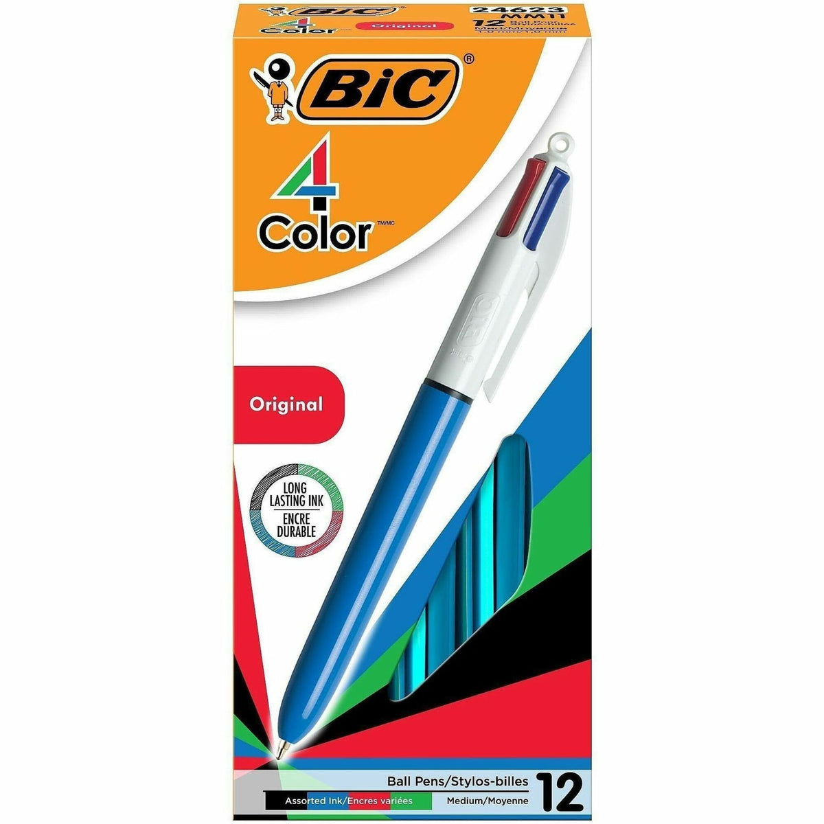 BIC 4-Color Retractable Pen - Medium Pen Point - Refillable - Retractable - Multi, Black, Red, Green Ink - Blue, White B