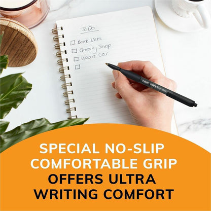 BIC SoftFeel Retractable Ball Pens - Fine Pen Point - Retractable - Black Ink - Black Rubber Barrel - 12 / Dozen