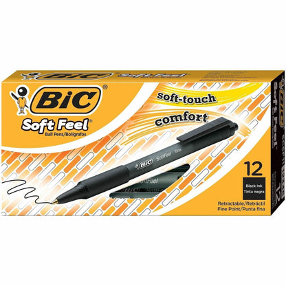 BIC SoftFeel Retractable Ball Pens - Fine Pen Point - Retractable - Black Ink - Black Rubber Barrel - 12 / Dozen