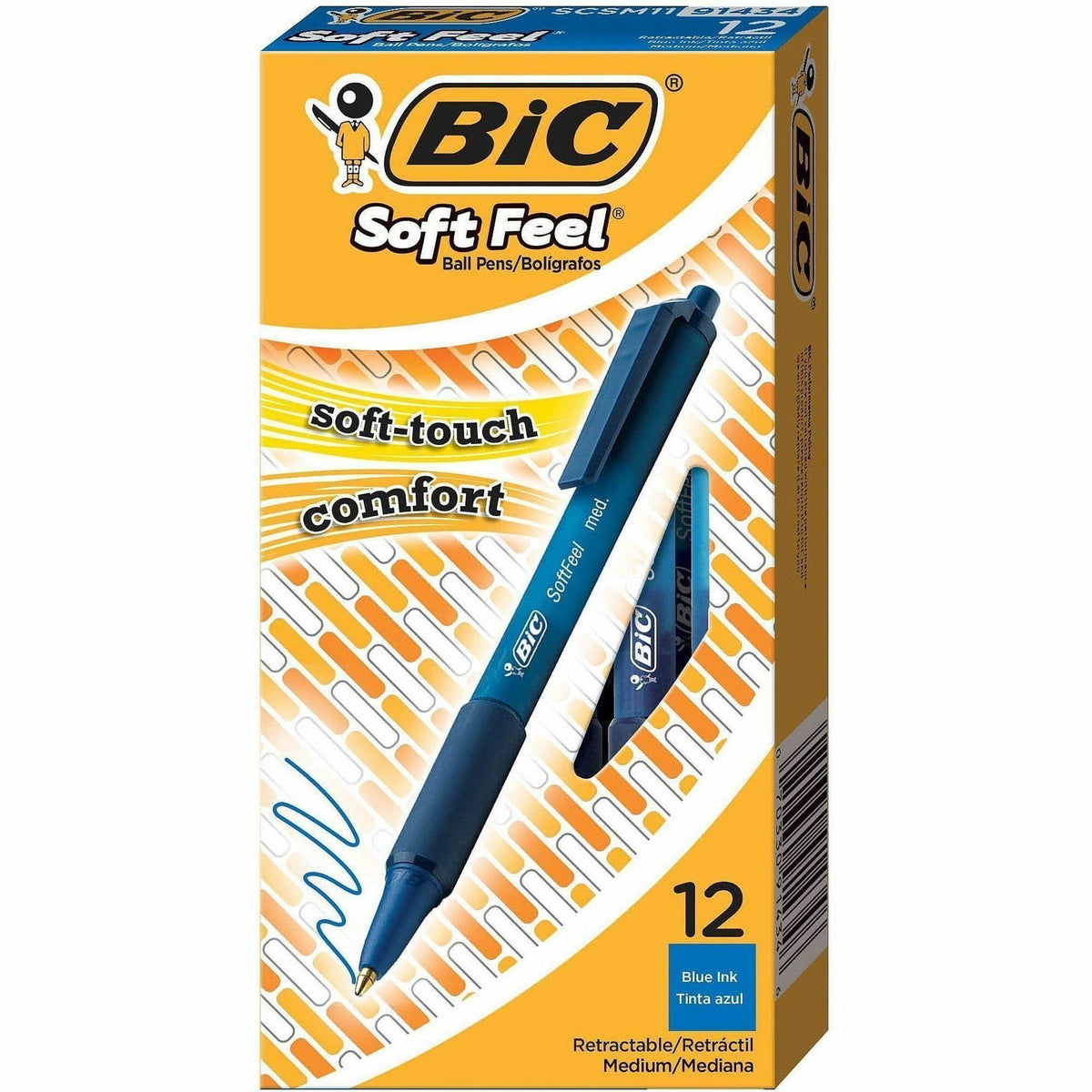 BIC SoftFeel Retractable Ball Pens - Medium Pen Point - Retractable - Blue Ink - Blue Rubber Barrel - 12 / Dozen