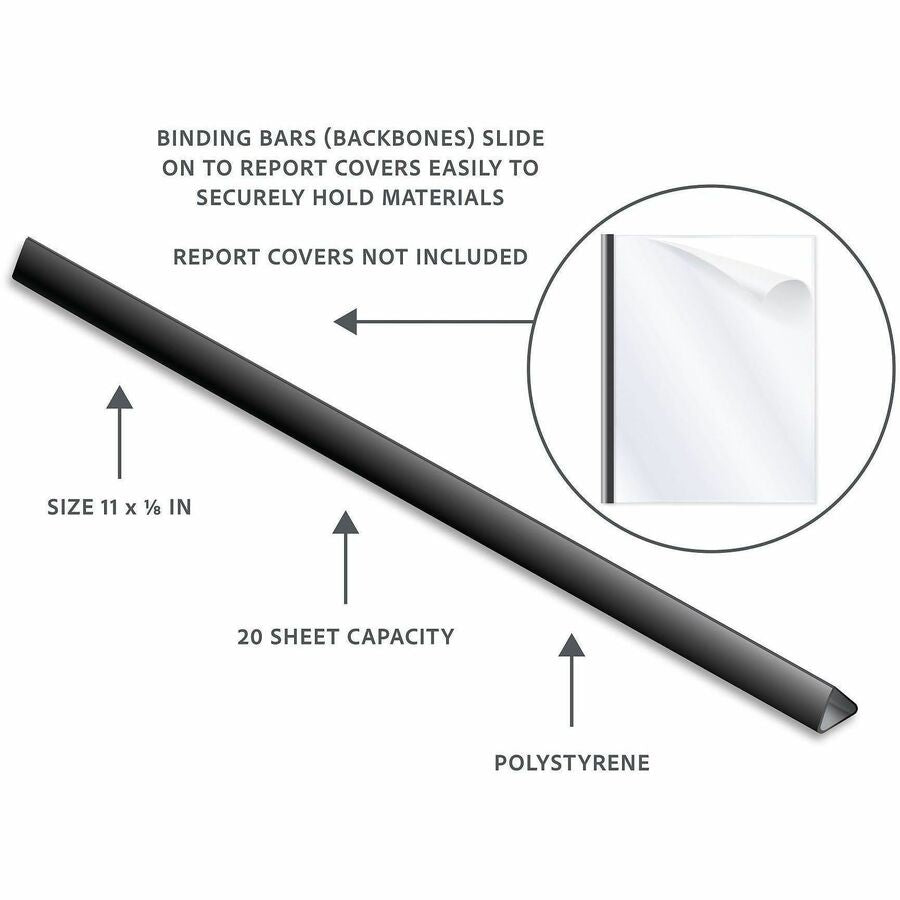 C-Line Slide-on Binding Bars - 11" Height x 0.1" Width x 11" Length - 0.12" Maximum Capacity - Black - 100 / Box