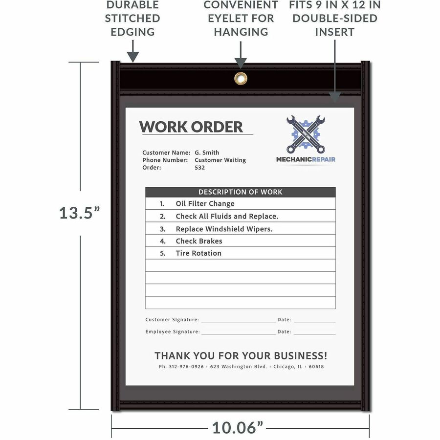 C-Line Vinyl File Pocket - 9" x 12" - Pressboard, Vinyl, Metal - Clear, Black - Stitched, Reinforced, Heavy Duty, Ticket