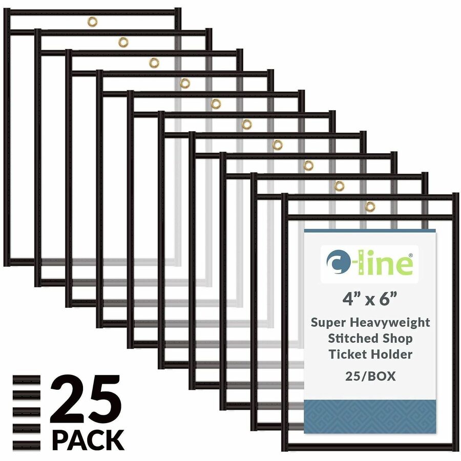 C-Line Stitched Vinyl Shop Ticket Holders - Support 4" x 6" Media - Vinyl - Clear, Black - Sturdy, Heavyweight - 25 / Bo