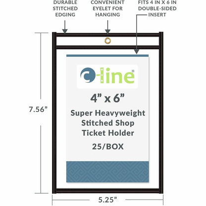 C-Line Stitched Vinyl Shop Ticket Holders - Support 4" x 6" Media - Vinyl - Clear, Black - Sturdy, Heavyweight - 25 / Bo