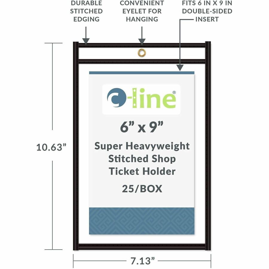 C-Line Stitched Vinyl Shop Ticket Holders - Support 6" x 9" Media - Vinyl - Black, Clear - Sturdy, Heavyweight, Reinforc