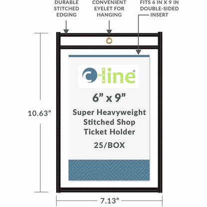 C-Line Stitched Vinyl Shop Ticket Holders - Support 6" x 9" Media - Vinyl - Black, Clear - Sturdy, Heavyweight, Reinforc