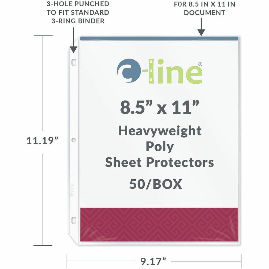 C-Line Poly Top-loading Sheet Protectors - For Letter 8 1/2" x 11" Sheet - 3 x Holes - Ring Binder - Clear - Polypropyle