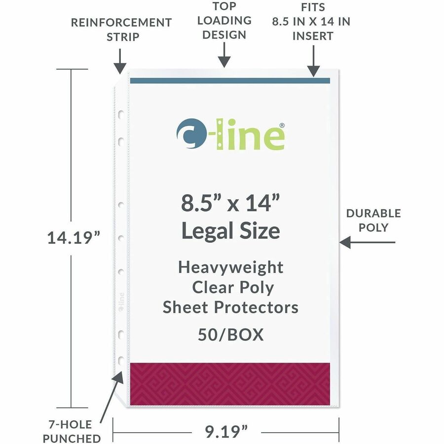C-Line Legal Size Top Loading Sheet Protectors - For Legal 8 1/2" x 14" Sheet - 4 x Holes - Ring Binder - Clear - Polypr