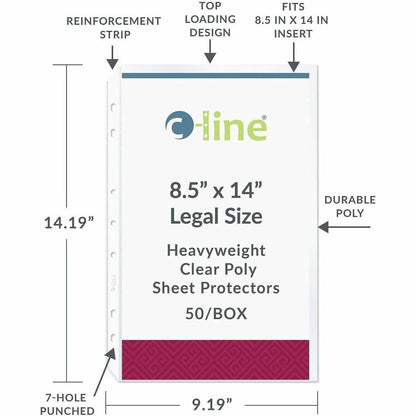 C-Line Legal Size Top Loading Sheet Protectors - For Legal 8 1/2" x 14" Sheet - 4 x Holes - Ring Binder - Clear - Polypr