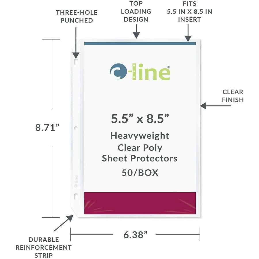 C-Line Top Load Heavyweight Mini Sheet Protectors - For 5 1/2" x 8 1/2" Sheet - 3 x Holes - Ring Binder - Clear - Polypr