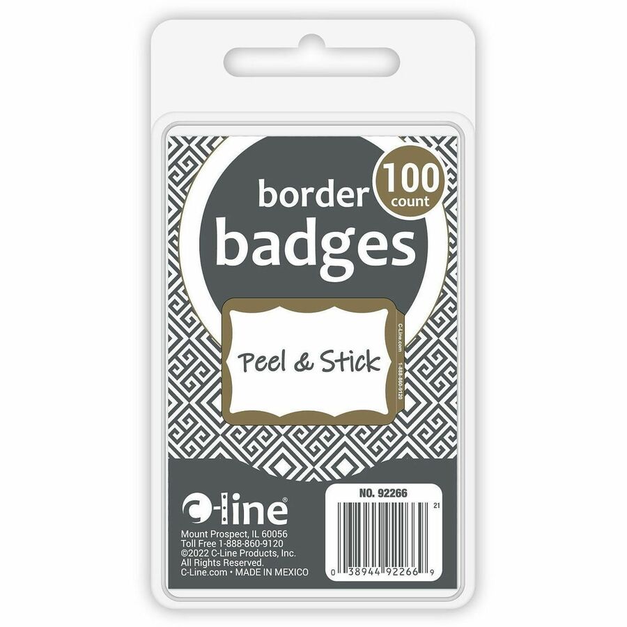 C-Line Self-adhesive Color Border Name Badges - 3 1/2" Width x 2 1/4" Length - Removable Adhesive - Rectangle - Gold - 1