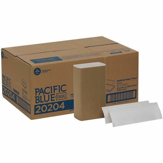 Pacific Blue Basic 1-ply Multifold Paper Towel - 9.40" Width x 9.20" Length - White - 250/Pack - 16 / Carton