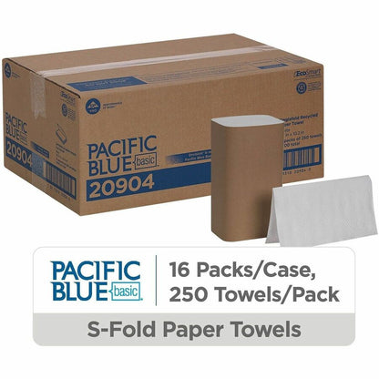Pacific Blue Basic S-Fold Recycled Paper Towels - 9.25" Width x 10.25" Length - White - 250/Pack - 16 / Carton