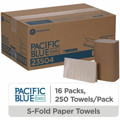Pacific Blue Basic S-Fold Recycled Paper Towels - 9.25" Width x 10.25" Length - Natural - 250/Pack - 16 / Carton