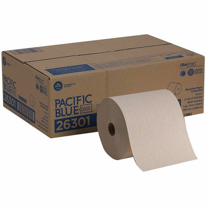Pacific Blue Basic Recycled Hardwound Paper Roll Towel - 1 Ply - 7.87" Width x 800 ft Length - Brown - 6 / Carton