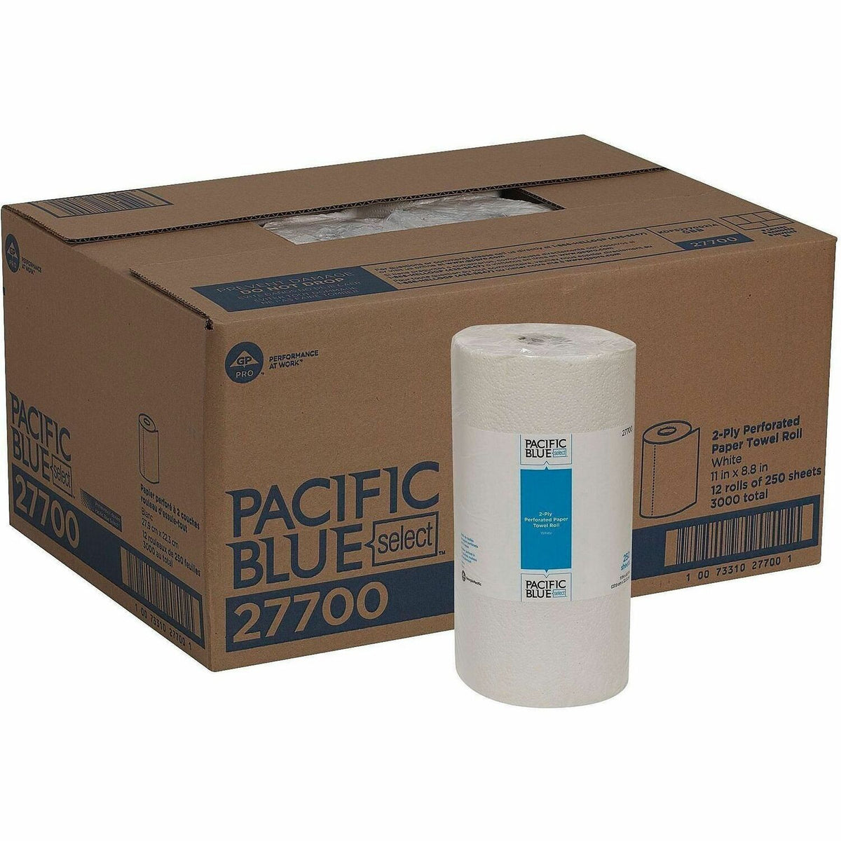 Pacific Blue Select Perforated Paper Towel Roll - 2 Ply - 8.80" Width x 11" Length - 250 Sheets/Roll - White - 12 / Cart