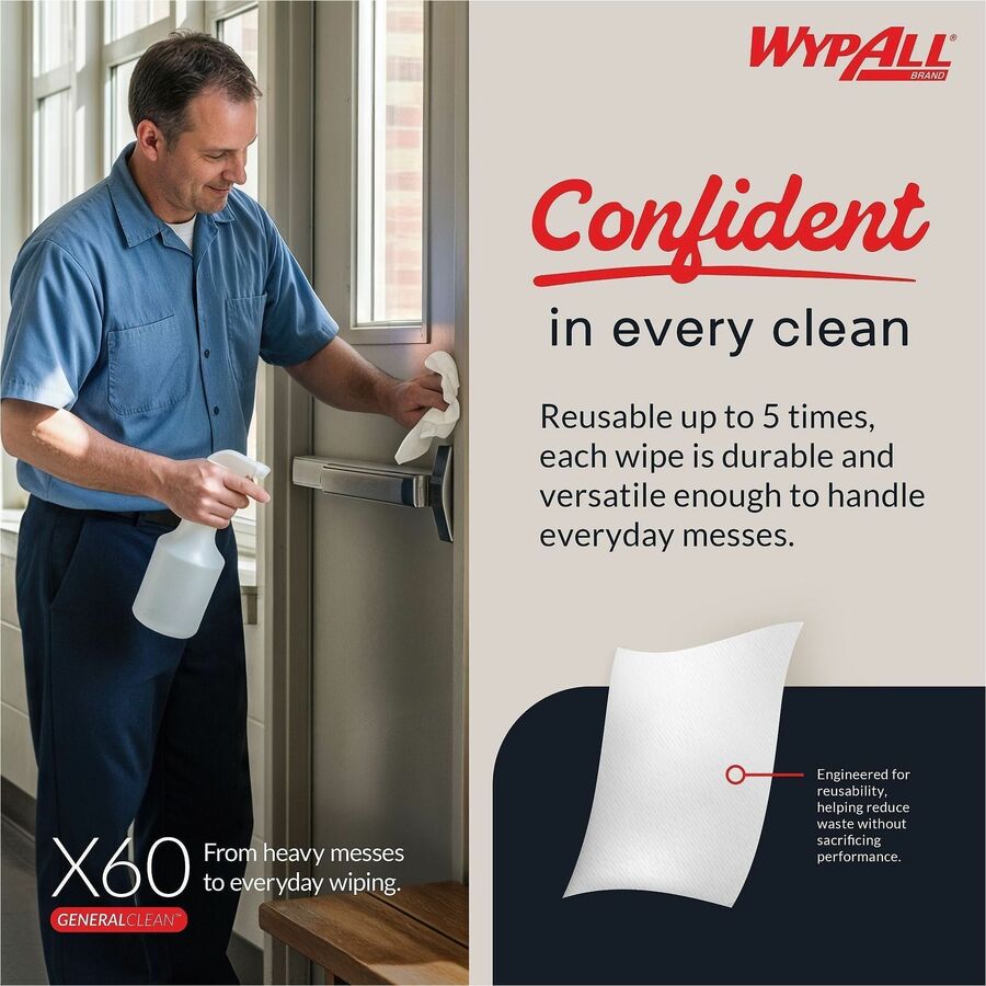 Wypall GeneralClean X60 Multi-Task Cleaning Cloths - Pop-Up Box - 8.34" Width x 16.80" Length - White - Hydroknit - 118 