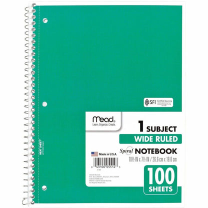 Mead Spiral Bound Wide Ruled Notebooks - 100 Sheets - Spiral - 8" x 10 1/2" Sheet Size - White Paper - Assorted Cover - 
