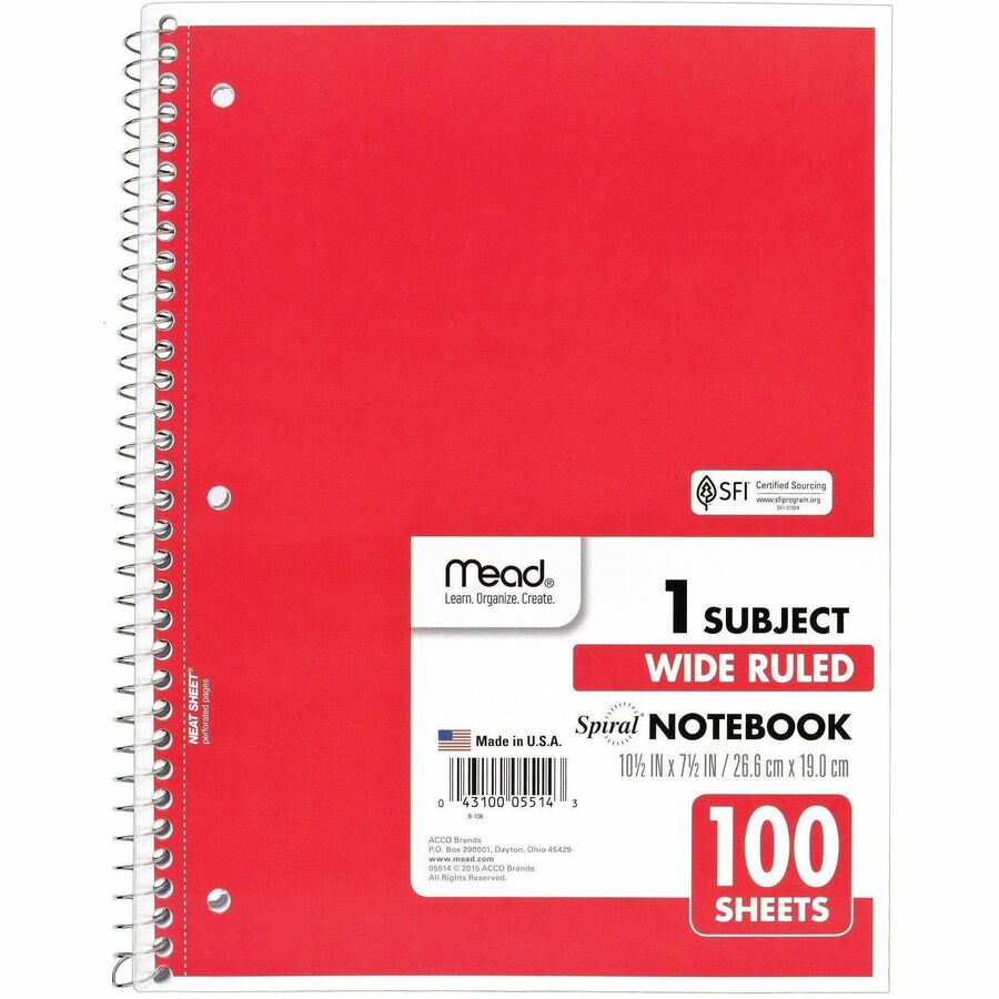 Mead Spiral Bound Wide Ruled Notebooks - 100 Sheets - Spiral - 8" x 10 1/2" Sheet Size - White Paper - Assorted Cover - 