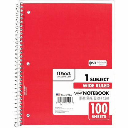 Mead Spiral Bound Wide Ruled Notebooks - 100 Sheets - Spiral - 8" x 10 1/2" Sheet Size - White Paper - Assorted Cover - 