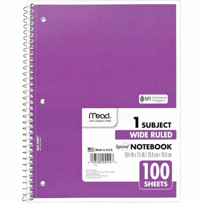 Mead Spiral Bound Wide Ruled Notebooks - 100 Sheets - Spiral - 8" x 10 1/2" Sheet Size - White Paper - Assorted Cover - 