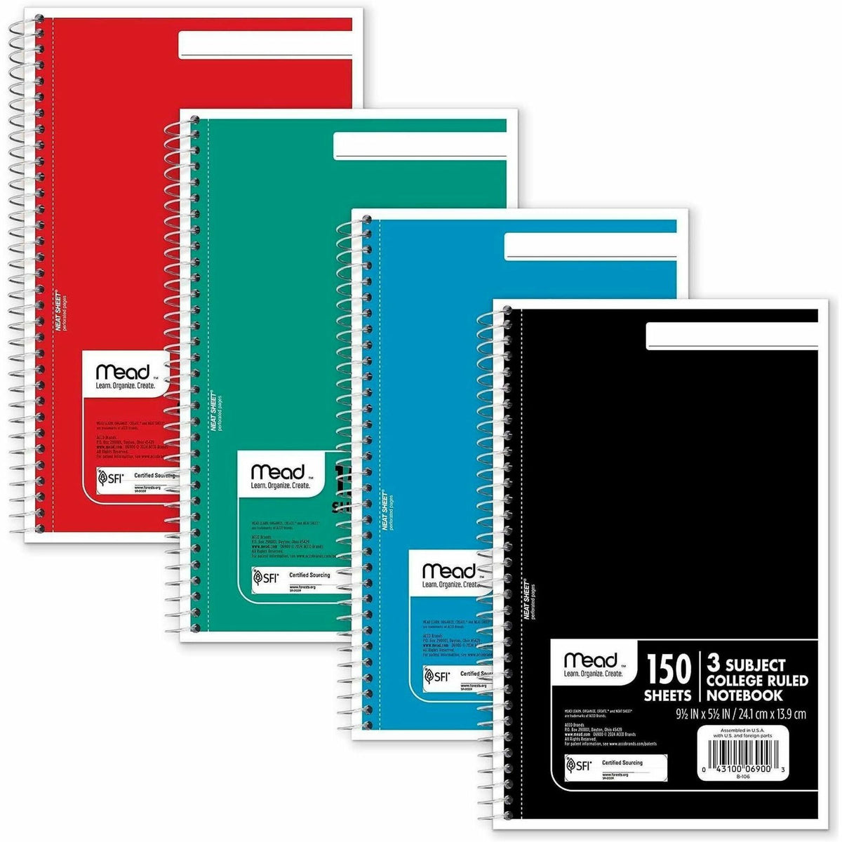 Mead 3-Subject Wirebound College Rule Notebook - 150 Sheets - Spiral - College Ruled Front Ruling - 5 1/2" x 9" Sheet Si