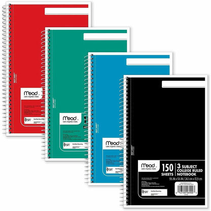 Mead 3-Subject Wirebound College Rule Notebook - 150 Sheets - Spiral - College Ruled Front Ruling - 5 1/2" x 9" Sheet Si