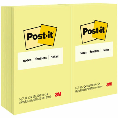 Post-it® Notes Original Notepads - 4" Flag/Note Width x 6" Flag/Note Length - Rectangle - 100 Sheets per Pad - Unruled -