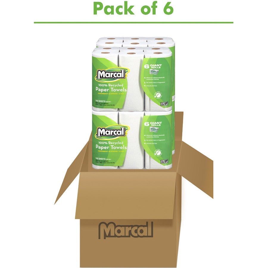 Marcal 100% Recycled, Giant Roll Paper Towels - 2 Ply - 140 Sheets/Roll - WhitePack - 6/Pack - 4 / Carton