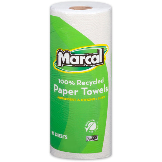 Marcal 100% Recycled Paper Towels - 2 Ply - 11" Width x 9" Length - 60 Sheets/Roll - White - 15 / Carton