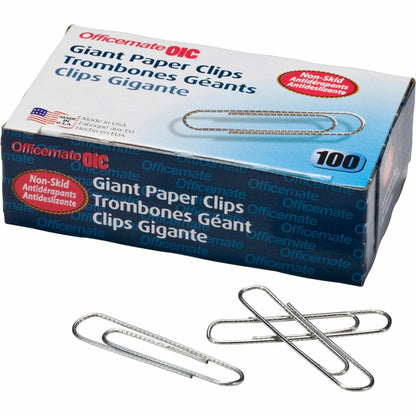 Officemate Giant Nonskid Paper Clips - Jumbo - 2" Length x 0.5" Width - Silver - Steel - 100/Box - 10 / Pack