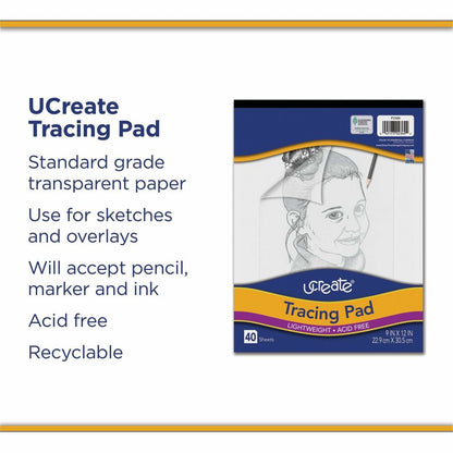 UCreate Tracing Pad - 40 Sheets - Plain - Unruled Margin - 9" x 12" Sheet Size - Transparent Paper - Bleed-free - 1 Pad
