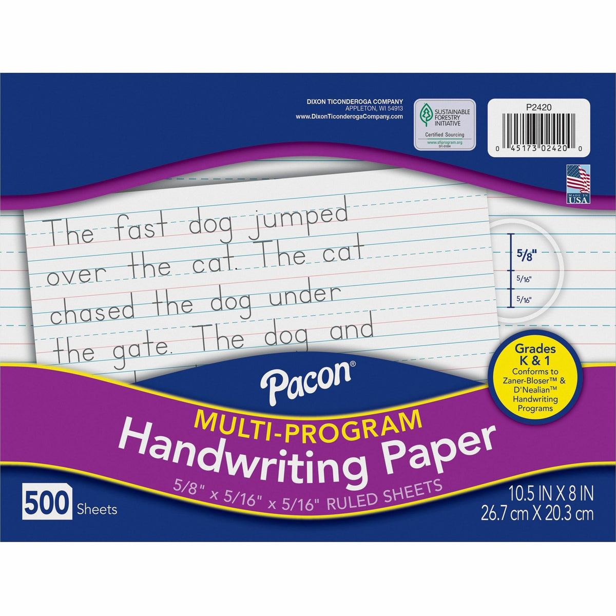 Pacon Multi-Program Handwriting Papers - 500 Sheets - 0.63" Ruled - Unruled Margin - 10 1/2" x 8" Sheet Size - White Pap
