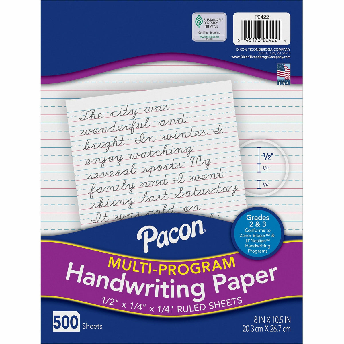 Pacon Multi-Program Handwriting Papers - 500 Sheets - 0.50" Ruled - Unruled Margin - 8" x 10 1/2" Sheet Size - White Pap