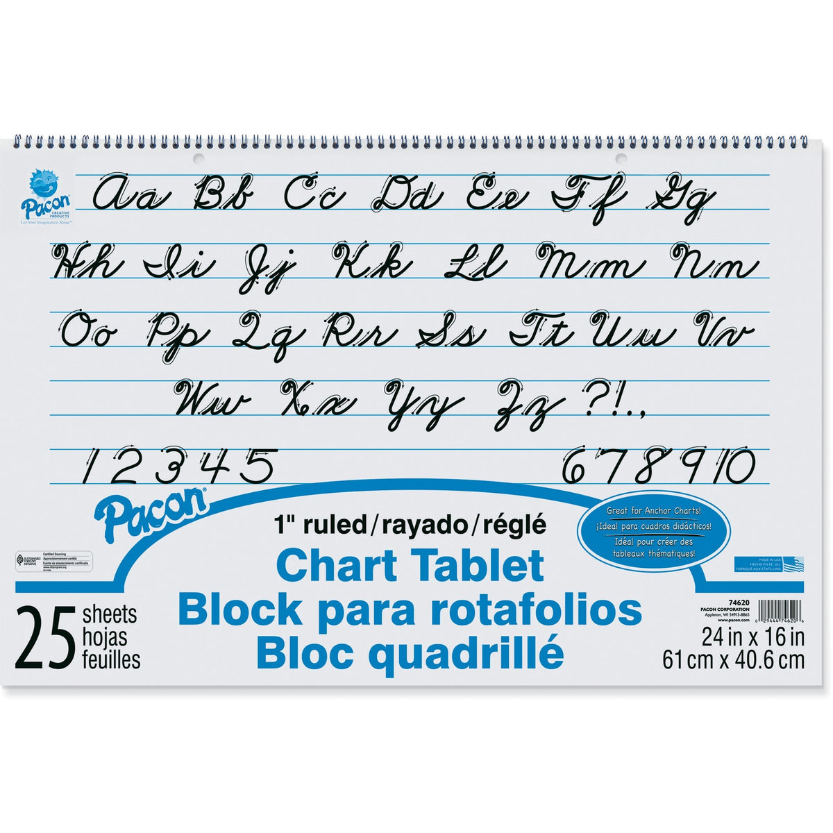 Pacon Ruled Chart Tablet - 25 Sheets - Spiral Bound - Ruled Front Ruling - 1" Ruled - 24" x 16" Sheet Size - White Paper