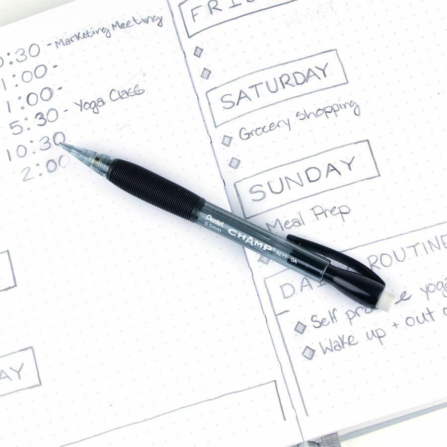 Pentel Champ Mechanical Pencils - 0.5 mm Black Lead - #2 - Refillable - Black Barrel - 12 / Dozen