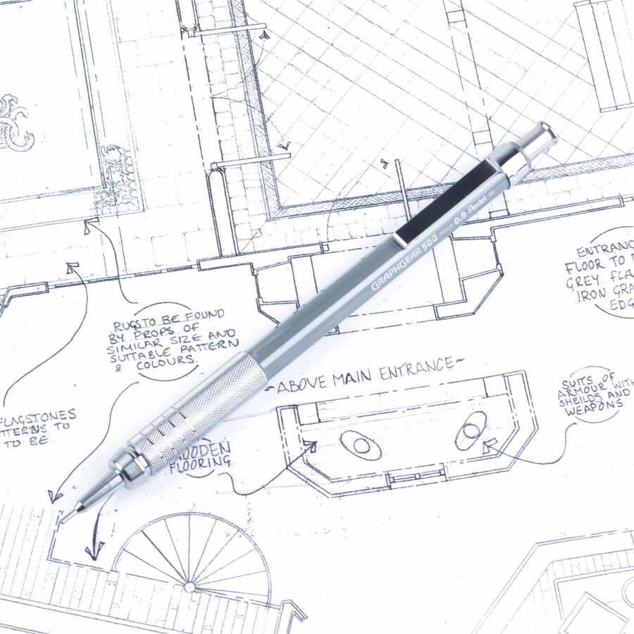 Pentel GraphGear 500 Mechanical Drafting Pencil - 0.9 mm Lead - HB - Refillable - Gray Barrel - 1 Each