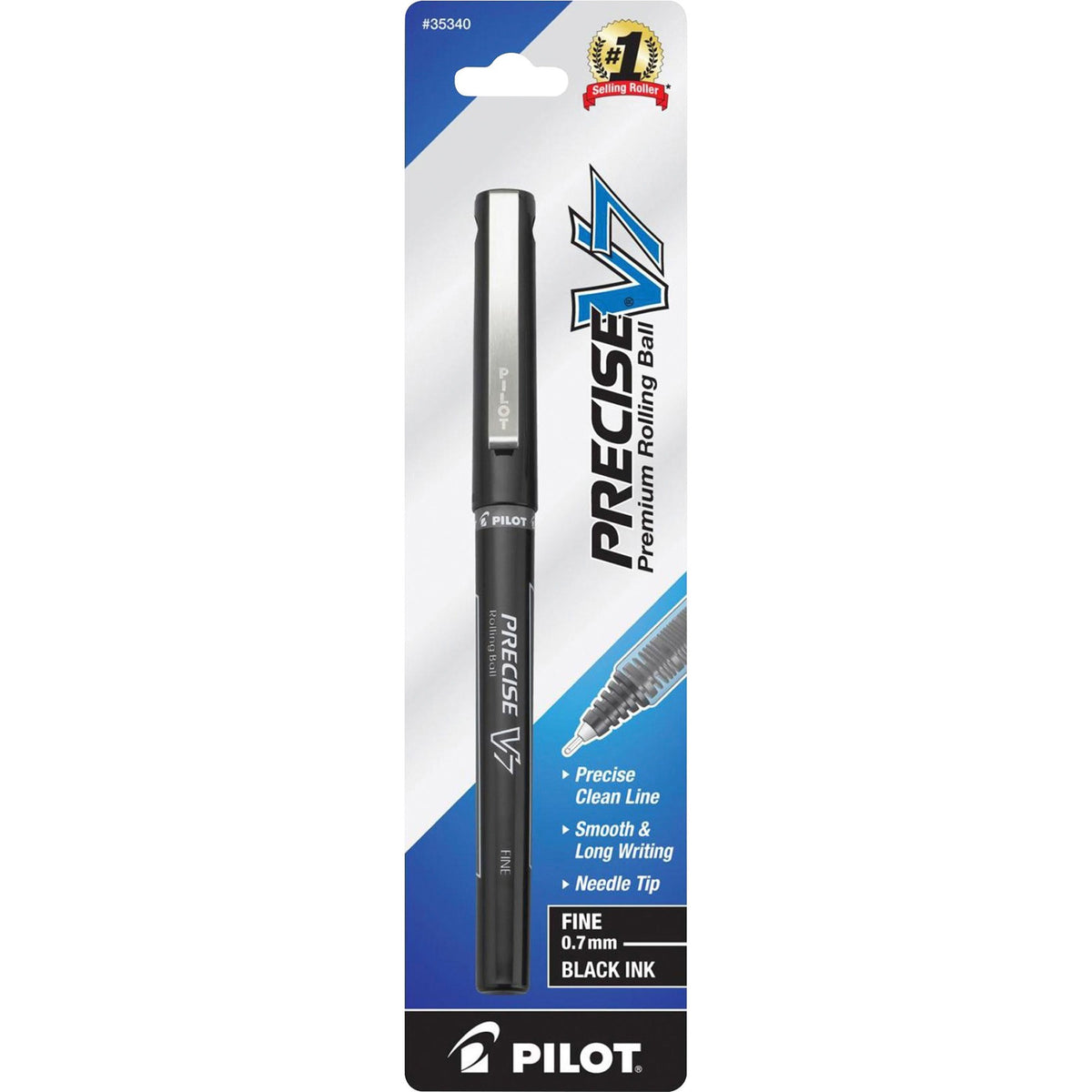 Pilot Precise V7 Fine Premium Capped Rolling Ball Pens - 0.7 mm Fine Pen Point - Black Ink - Black Plastic Barrel - 1 Pa