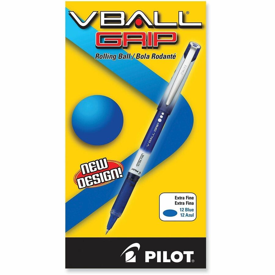 Pilot V-Ball Grip Liquid Ink Rollerball Pens - 0.5 mm Extra Fine Pen Point - Blue Ink - Metal Barrel - 12 / Dozen