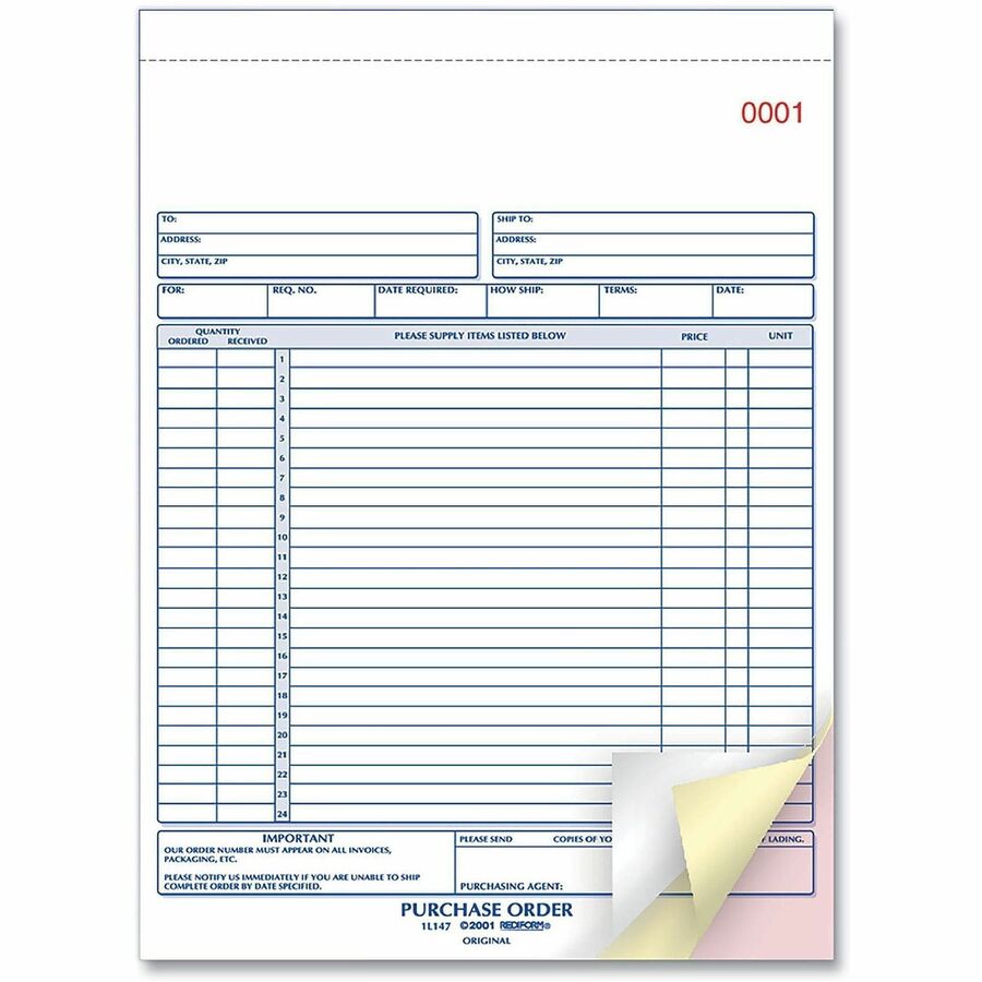 Rediform 3-Part Carbonless Purchase Order Book - 3 Part - 8.50" x 11" Sheet Size - White, Canary, Pink - White Sheet(s) 