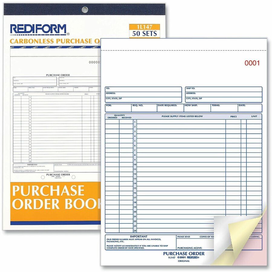 Rediform 3-Part Carbonless Purchase Order Book - 3 Part - 8.50" x 11" Sheet Size - White, Canary, Pink - White Sheet(s) 