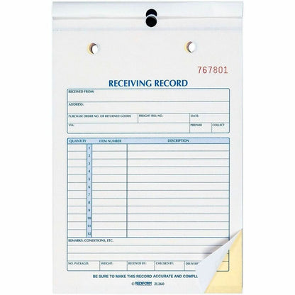Rediform Carbonless Receiving Record Slip Book - 50 Sheet(s) - Stapled - 3 Part - Carbonless Copy - 5.50" x 7.87" Sheet 