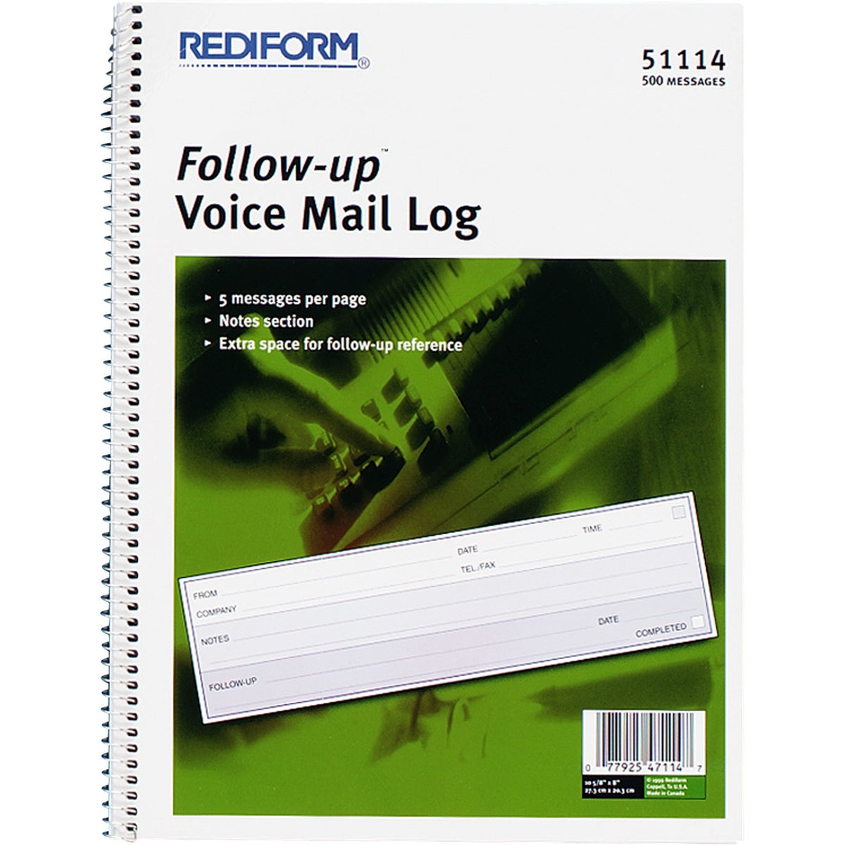 Rediform Follow-Up Voice Mail Log Book - 500 Sheet(s) - Wire Bound - 1 Part - 8" x 10.62" Sheet Size - White Sheet(s) - 