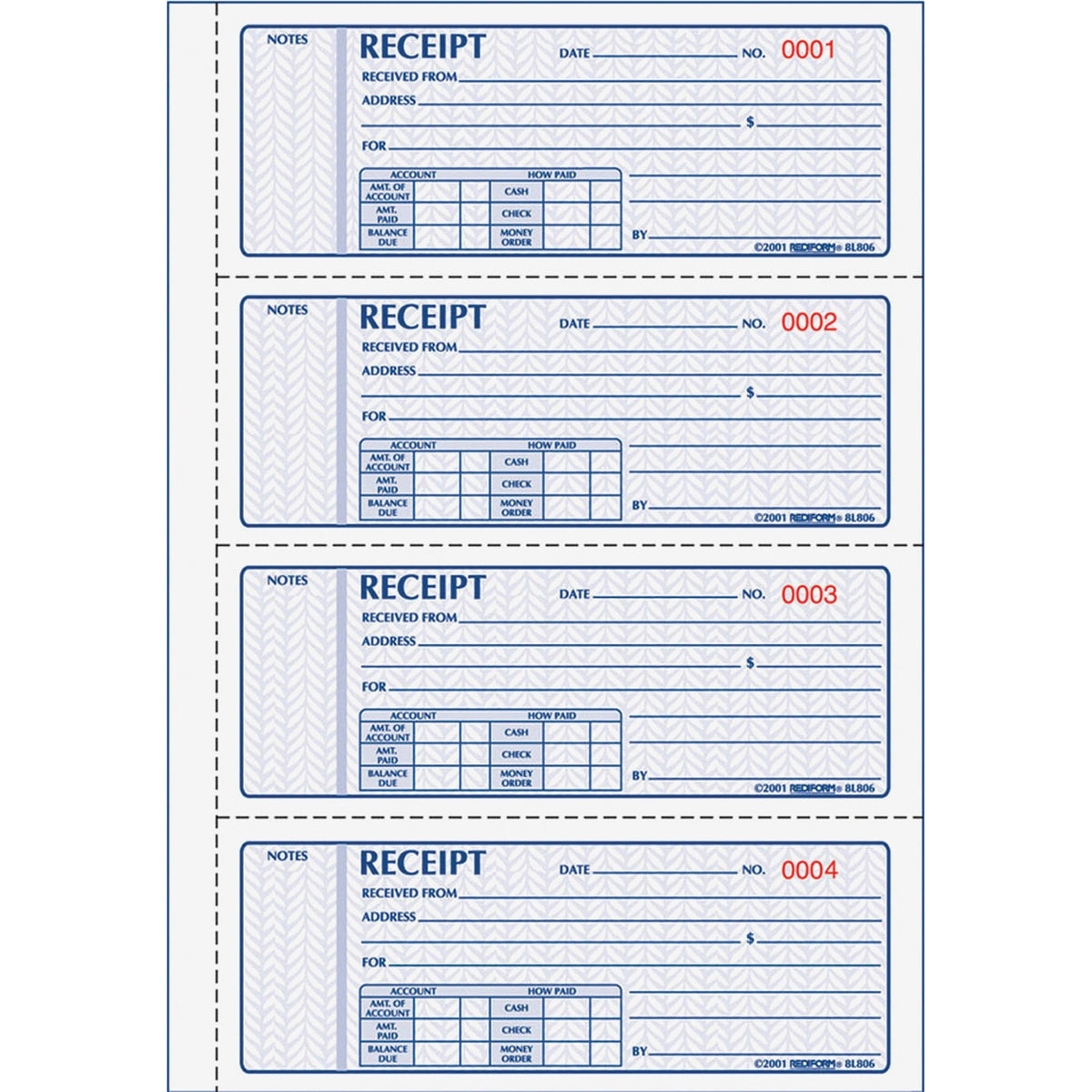 Rediform Money Receipt 4 Per Page Collection Forms - 400 Sheet(s) - 2 Part - Carbonless Copy - 7" x 2.75" Sheet Size - W
